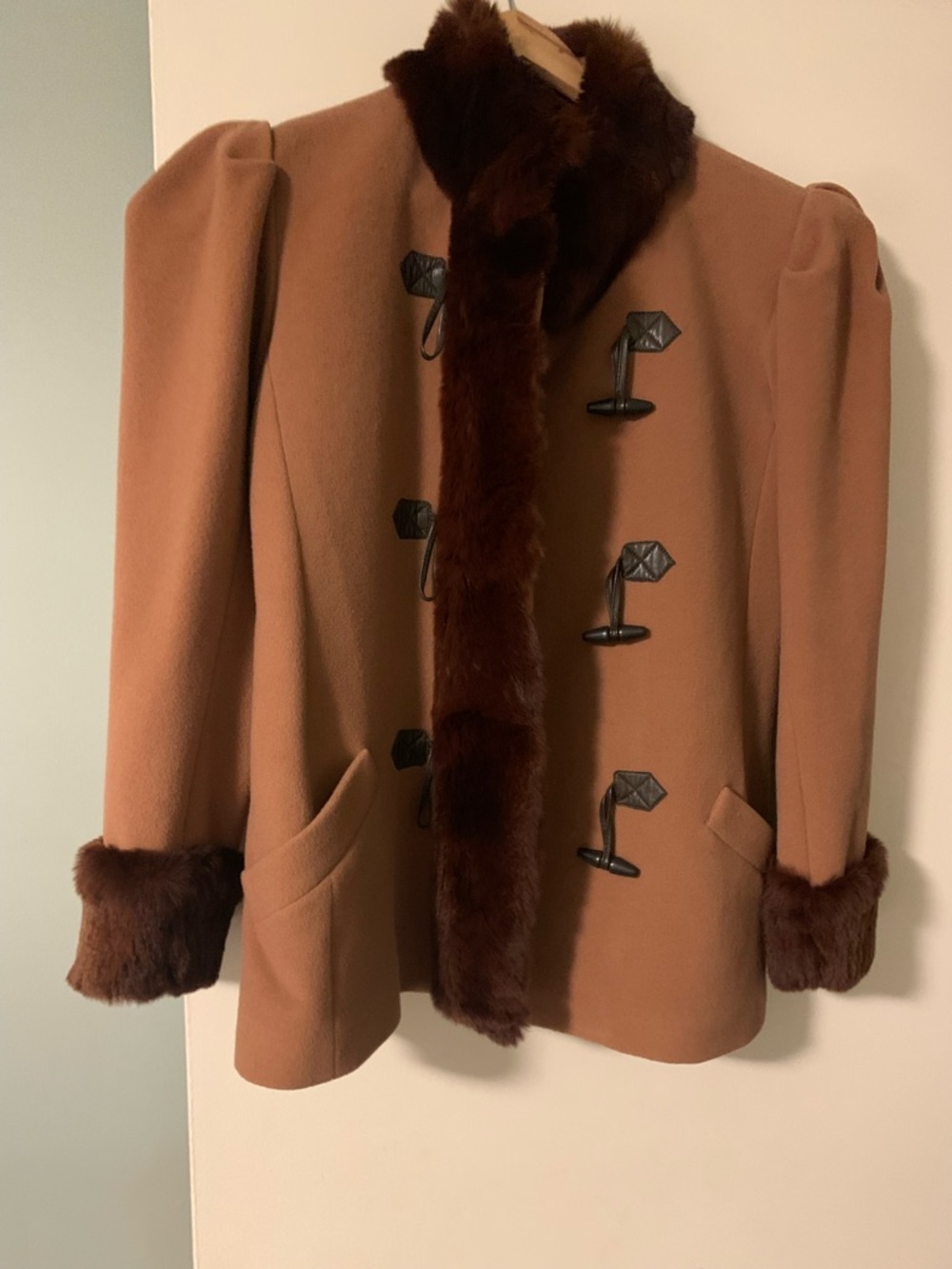 Yves Saint Laurent Camel Brown Wool  Pea Coat with Fur Trim